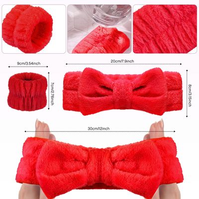 Hanaive 3 Pcs Face Wash Headband Wristband Set for Women SPA Bow Headband Soft Facial Makeup Skincare Headband Wrist Towel for Washing Face Valentine's Day Gift Hair Supplies(Red)