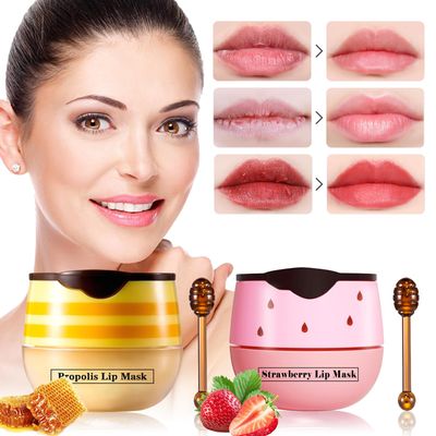 2 PCS Bee Honey Lip Balm Honey Pot, Strawberry &amp; Bee Honey Lip Mask, Reduces Lip Lines, Hydrate &amp; Moisturizing Lip Skin Care, Prevention Dry Cracked Lips, Bee Honey Lip Balm for Lip Repair Treatment