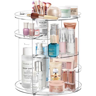 Adoco 360 Rotating Makeup Organizer Countertop,Adjustable Skincare Vanity Organizers Cosmetic Case,Large Capacity Perfume Organizer Makeup Organizers and Storage for Vanity,Bathroom (Clear)