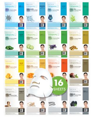 DERMAL 16 Combo Pack A Collagen Essence Korean Face Mask - Hydrating &amp; Soothing Facial Mask with Panthenol - Hypoallergenic Self Care Sheet Mask for All Skin Types - Natural Home Spa Treatment Masks