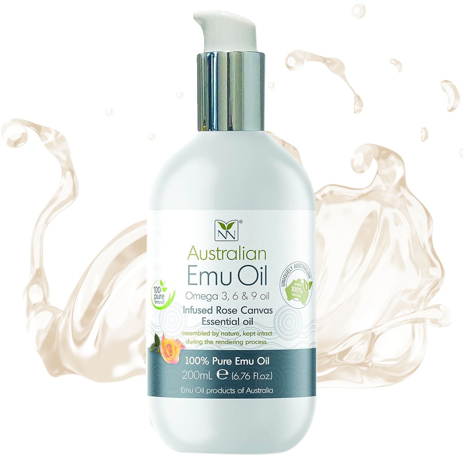 Emu Oil Pure Skin Moisturizer - Nail, Body, Face, Scalp &amp; Hair Moisturizer with Omega 3, 6, 9, Vitamins, &amp; Minerals - Australian Emu Oil for Skincare by Y-Not Natural - 200mL, Rose Canvas