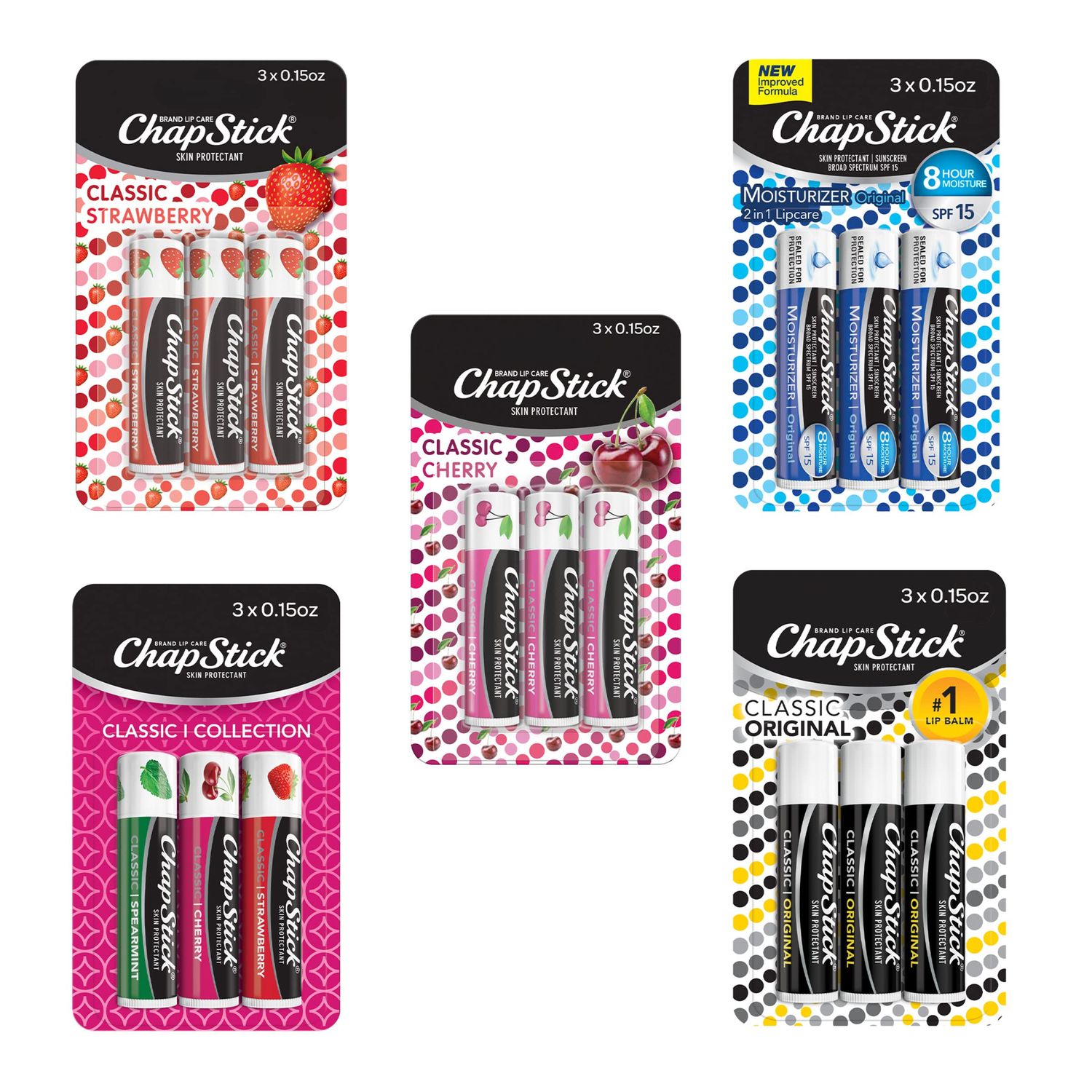 ChapStick Classic Collection Flavored Lip Balm Tubes Pack, Lip Moisturizer - 0.15 Oz (Box of 5 Packs of 3)
