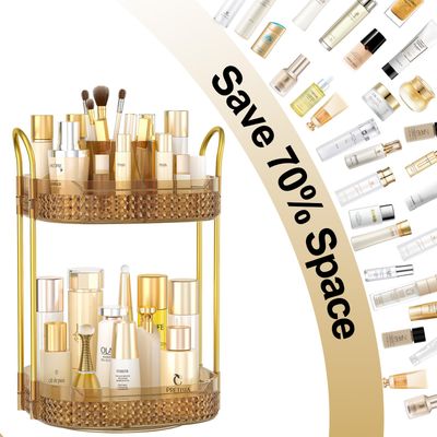 BOCONY 360 Rotating Makeup Organizer 2 Tier, Large Skincare Clear Make Up Storage Spinning Perfume Organizers for Bathroom Counter Dresser, Pink