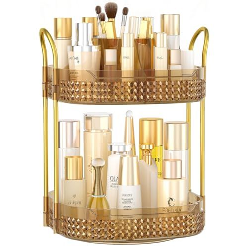 BOCONY 360 Rotating Makeup Organizer 2 Tier, Large Skincare Clear Make Up Storage Spinning Perfume Organizers for Bathroom Counter Dresser, Pink