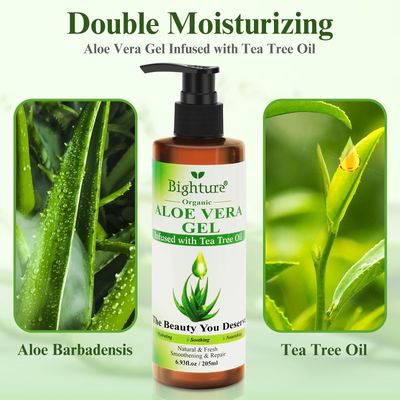 BIGHTURE Organic Aloe Vera Gel with Tea Tree Oil for Face & Body, Freshly-cut Aloe Vera Gel Ideal for Skin, Scalp, & Hair Hydration, Calming Moisturizer for Soothing After Sun Care Relief, 6.93 oz
