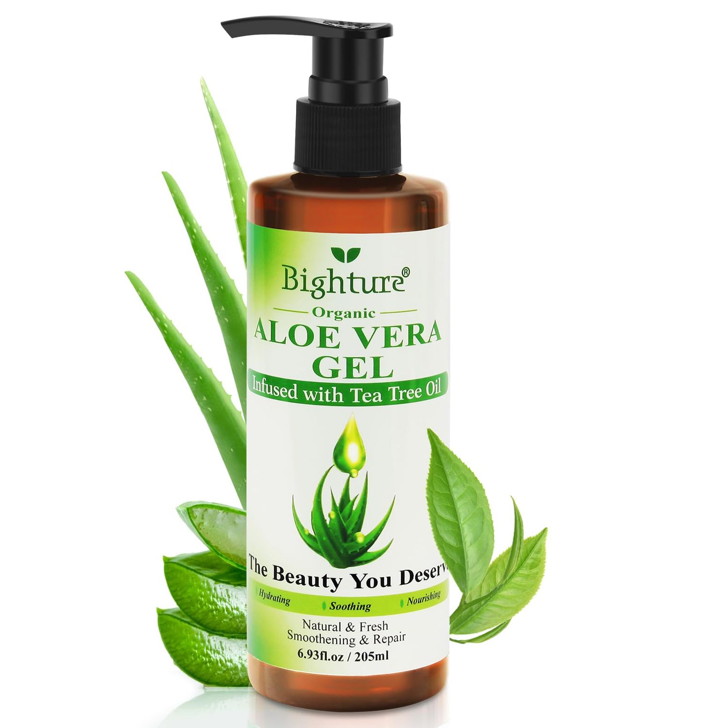 BIGHTURE Organic Aloe Vera Gel with Tea Tree Oil for Face &amp; Body, Freshly-cut Aloe Vera Gel Ideal for Skin, Scalp, &amp; Hair Hydration, Calming Moisturizer for Soothing After Sun Care Relief, 6.93 oz