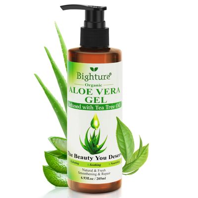 BIGHTURE Organic Aloe Vera Gel with Tea Tree Oil for Face &amp; Body, Freshly-cut Aloe Vera Gel Ideal for Skin, Scalp, &amp; Hair Hydration, Calming Moisturizer for Soothing After Sun Care Relief, 6.93 oz