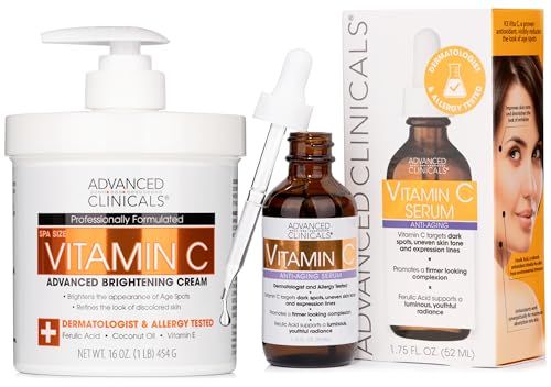 Advanced Clinicals Vitamin C Body Lotion + Potent Vitamin C Serum 2pc Bundle | Face Serum &amp; Body Cream Brightening Skin Care Set &amp; Kits For Wrinkles, Dark Spots, Dry Skin, &amp; Uneven Skin Tone, 2-Pack