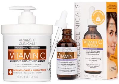 Advanced Clinicals Vitamin C Body Lotion + Potent Vitamin C Serum 2pc Bundle | Face Serum &amp; Body Cream Brightening Skin Care Set &amp; Kits For Wrinkles, Dark Spots, Dry Skin, &amp; Uneven Skin Tone, 2-Pack