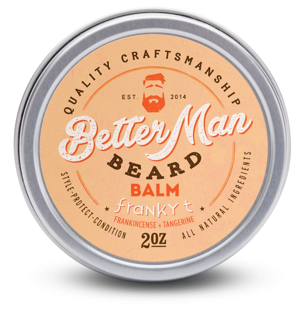 BETTER MAN BEARD Franky T Balm (Frankincense + Tangerine) - 2 oz All-Natural Moisturizing Beard Balm with Therapeutic Grade Essential Oils &amp; 100% Natural Formula - BLM-FRT2