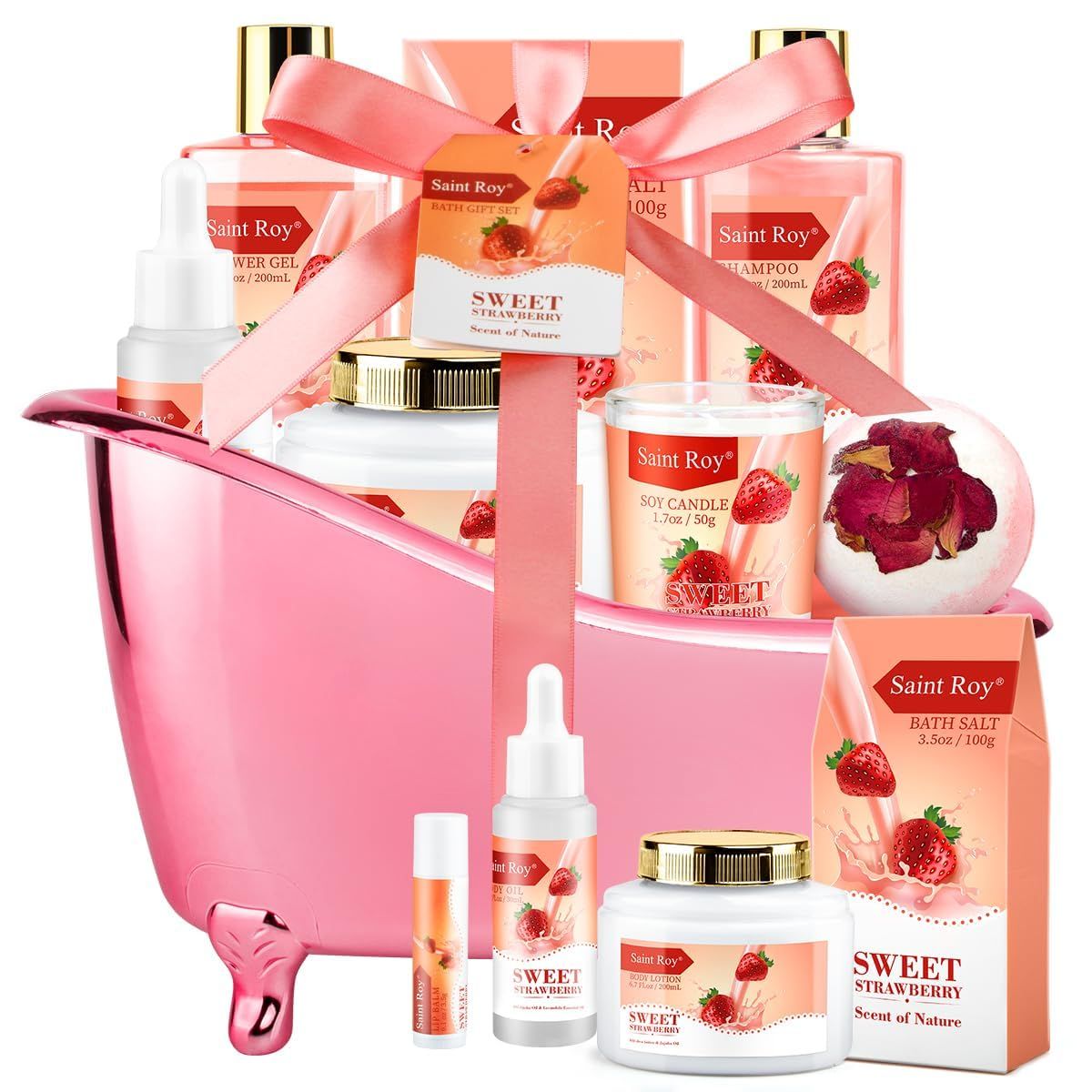 Gift Baskets for Women, Saint Roy 9Pcs Spa Gifts for Mom Strawberry Scent - Rich in Jojoba Oil &amp; Shea Butter with Body Lotion, Bath Bomb, Care Package for Women, Birthday Gift for Her