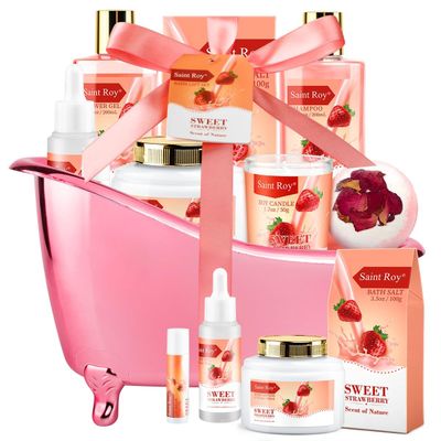 Gift Baskets for Women, Saint Roy 9Pcs Spa Gifts for Mom Strawberry Scent - Rich in Jojoba Oil &amp; Shea Butter with Body Lotion, Bath Bomb, Care Package for Women, Birthday Gift for Her