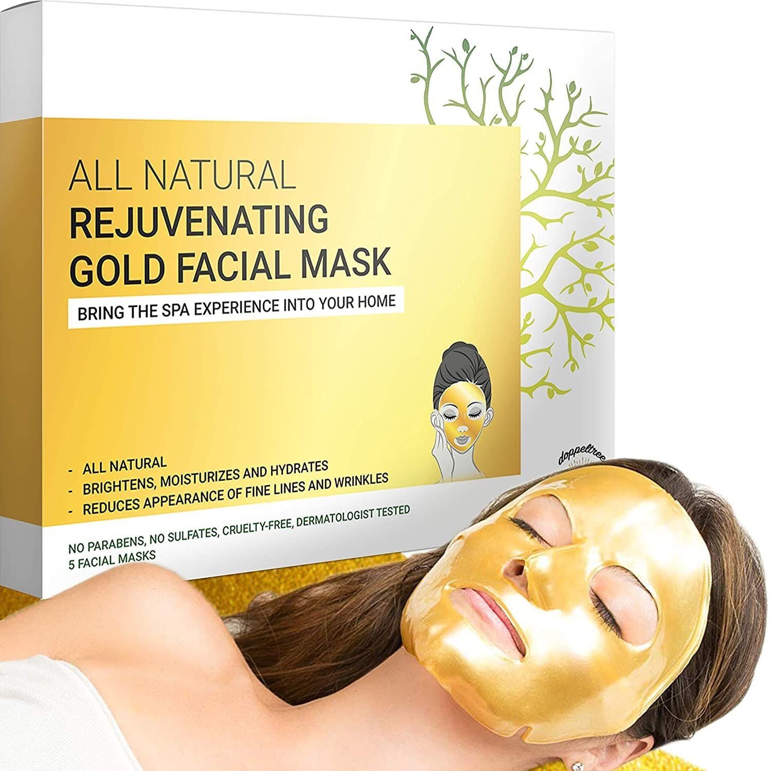 Doppeltree Gold Facial Mask - Premium Hydrogel Sheet Face Masks for Skin Care &amp; Beauty, Hydrating &amp; Anti Aging - Facemask with Collagen, Hyaluronic Acid &amp; 24k Nano Gold - Formulated in San Francisco