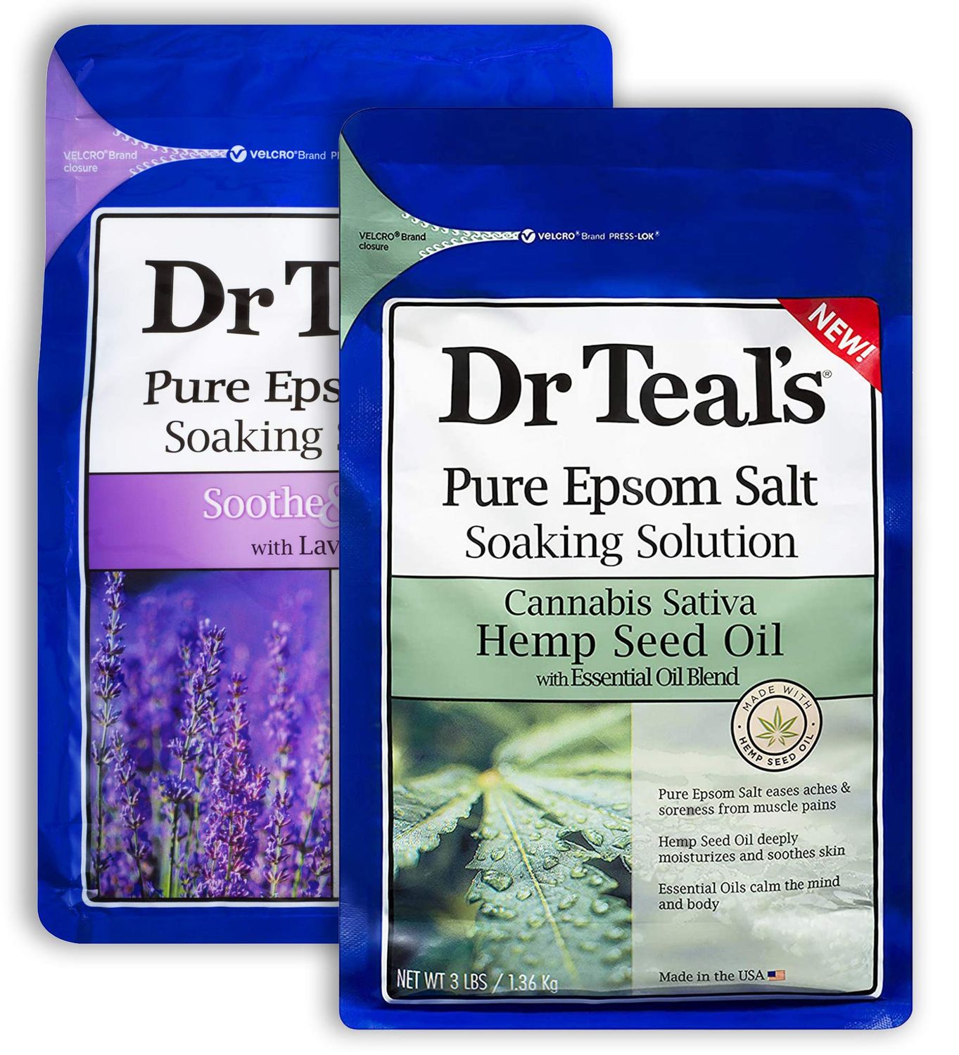 Dr. Teal's Pure Epsom Salt Soaking Solution Gift Set (2 Pack, 3lbs ea.) - Soothe &amp; Sleep Lavender, Cannabis Sativa Hemp Seed Oil with Essential Oil Blend - Nourish Skin &amp; Promote a Better Nights Sleep
