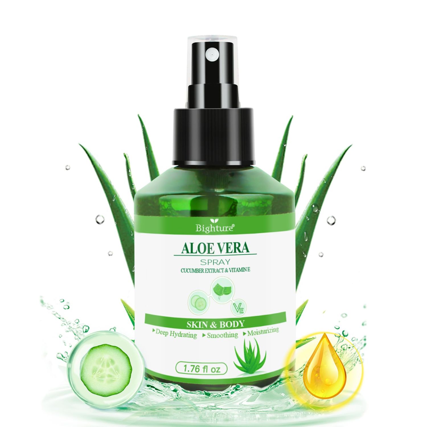 BIGHTURE Aloe Vera Spray for Hydrating Nourishing Facial Skin in Winter, Aoe Vera Spray Extract from Freshly-cut Aloe and Cucumber Essence for Moisturizing Skin, Fast Absorbing, Easy to carry, 1.73 oz
