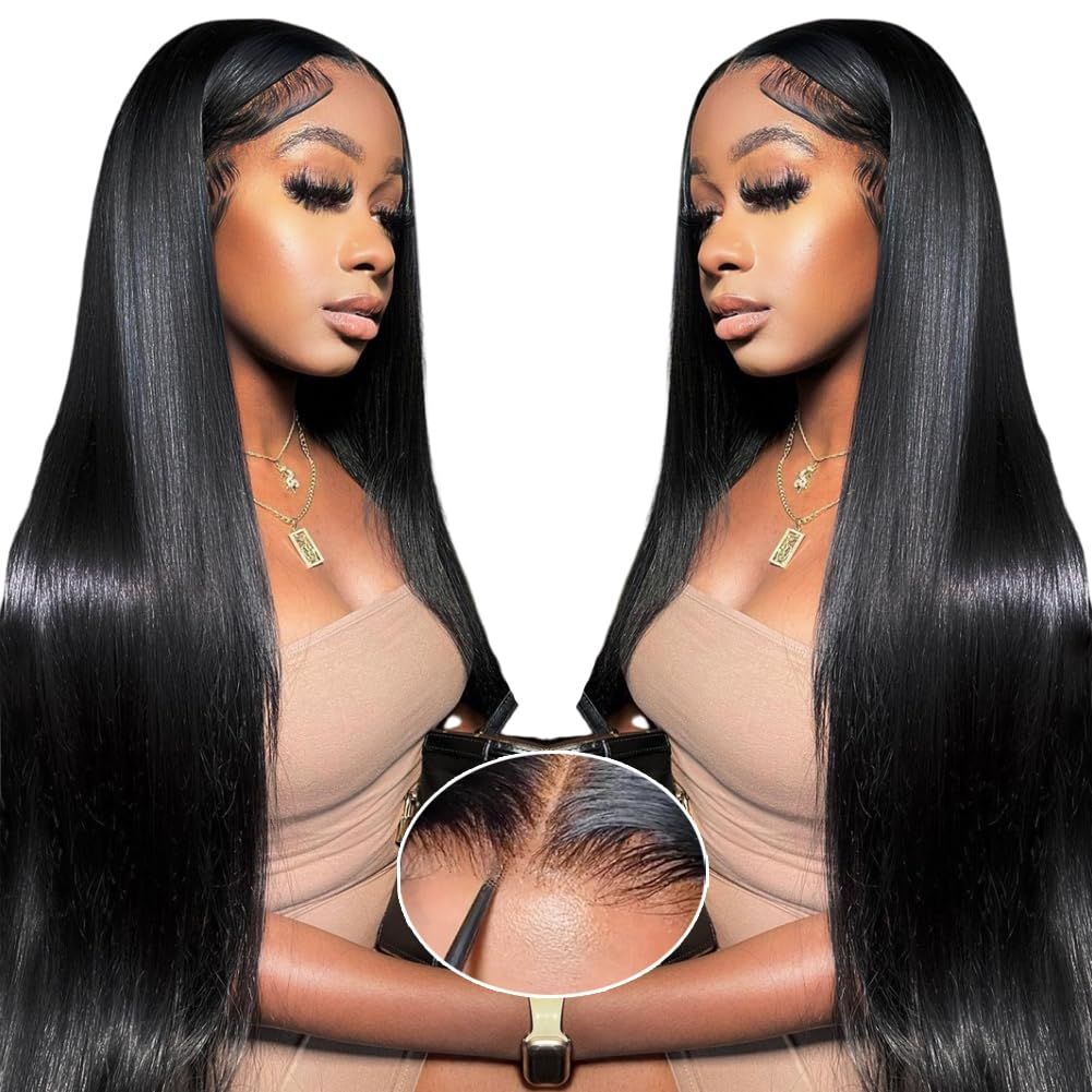 ALI PANDA 6X4 210% Density Ready to Go Glueless Wigs Human Hair Pre Plucked Pre Cut 28 Inch Straight Wigs for Black Women 100% Human Hair Invisible Knot Natural Hairline with Baby Hair Middle Part
