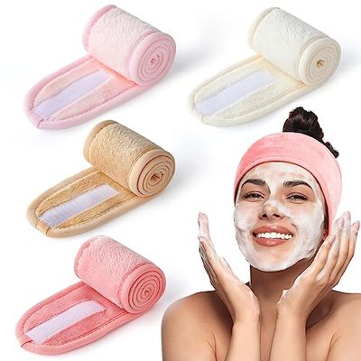 4 Pack Spa Headbands for Women, Lengthened Adjustable Makeup Headbands for Women&#39;s Hair, Stretch Flannel Headband for Washing Face, Wrap Towel for Skincare, Facial Mask, Bath and Sport with Magic Tape