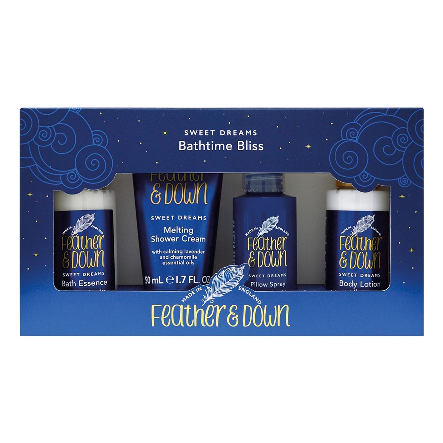 Feather &amp; Down Bathtime Bliss Gift Set: 50ml Shower Cream, 50ml Pillow Spray, 50ml Bath Essence &amp; 50ml Body Lotion, With Calming Lavender &amp; Chamomile Essential Oils, Vegan &amp; Cruelty Free