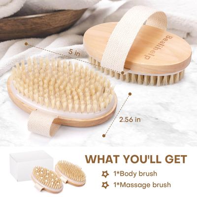 2 Pack Dry Brushing Body Brush, Natural Bristle Dry Brush, Exfoliating Body Brush for Lymphatic Drainage, Cellulite Brush for Full Body, Improving Skin Health and Reduces Acne