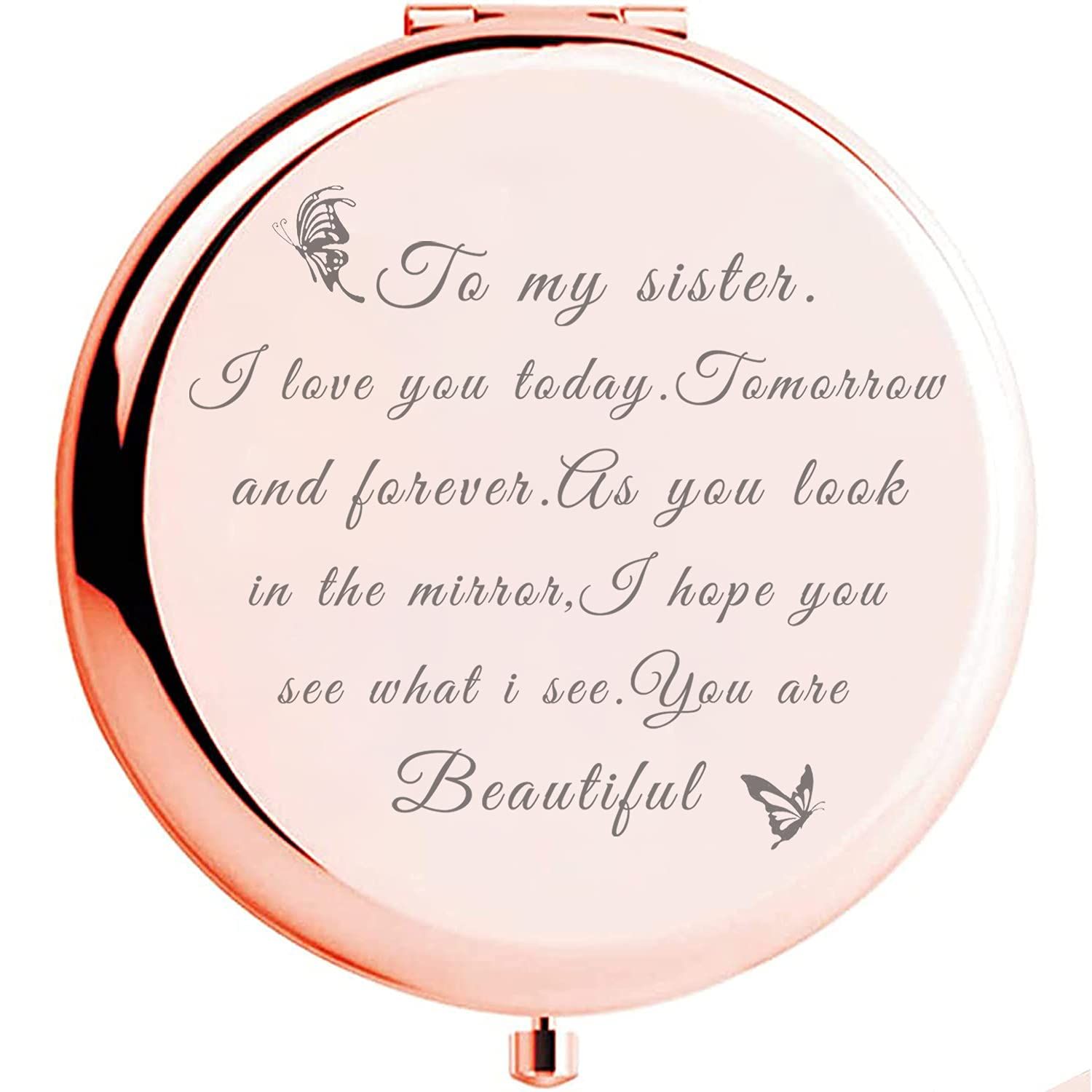 AYACON to My Sister Rose Gold Compact Mirror,Sisters Birthday Gift Ideas, Great Gifts for Mothers Day, Graduation Present for Her