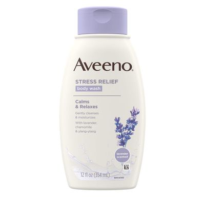 Aveeno Stress Relief Body Wash with Soothing Oat, Lavender, Chamomile &amp; Ylang-Ylang Essential Oils, Dye- &amp; Soap-Free Calming Body Wash for Shower Gentle on Sensitive Skin, 12 fl. oz