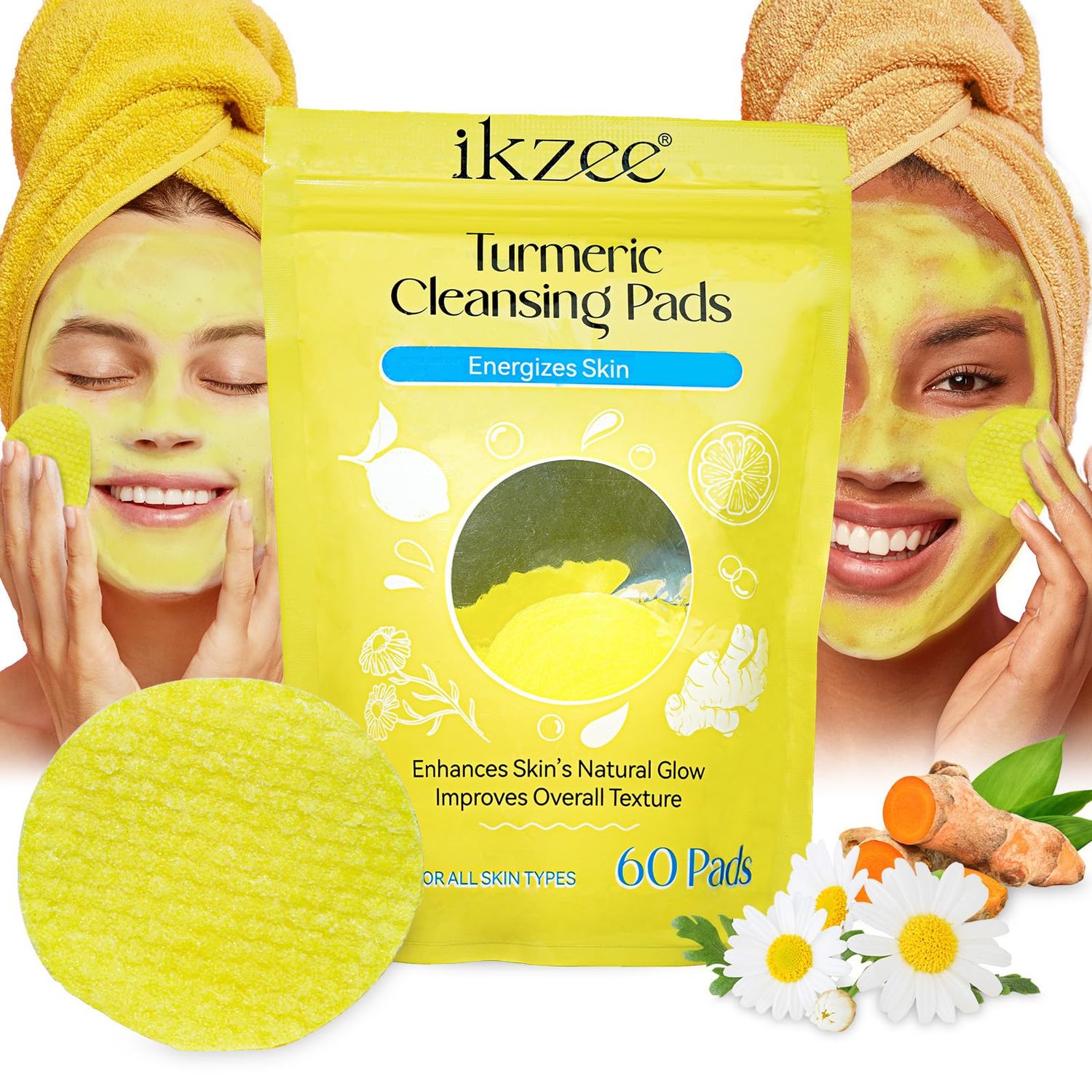 60 Pads Turmeric Cleansing Pads for Face, Turmeric Face Scrub Pads Turmeric Exfoliating Pads, Vitamin C &amp; B5 Infused Water Oil Balance, Nourish Acne, Scar