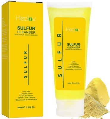 Healov Sulfur Soap - Sulfur Face &amp; Body Wash for Acne - Sulphur Exfoliating Facial Cleanser Absorbs Excess Oil, Reduces Breakouts, &amp; Cleanses Skin - Natural Cystic Acne, Rosacea Skin Care Treatment