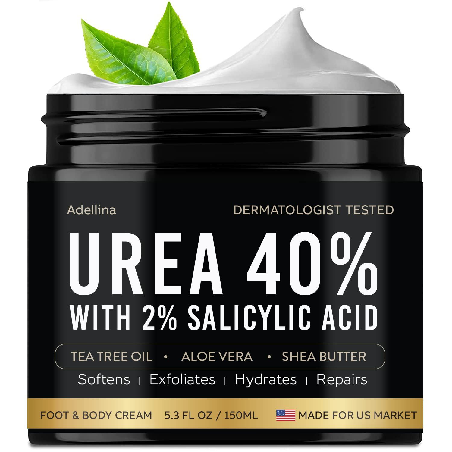 Adellina Urea Cream 40 Percent for Feet Maximum Strength, Urea Foot Cream for Dry Cracked Heels Feet Knees Elbows, 40% Urea Foot Repair Lotion 5.3 OZ