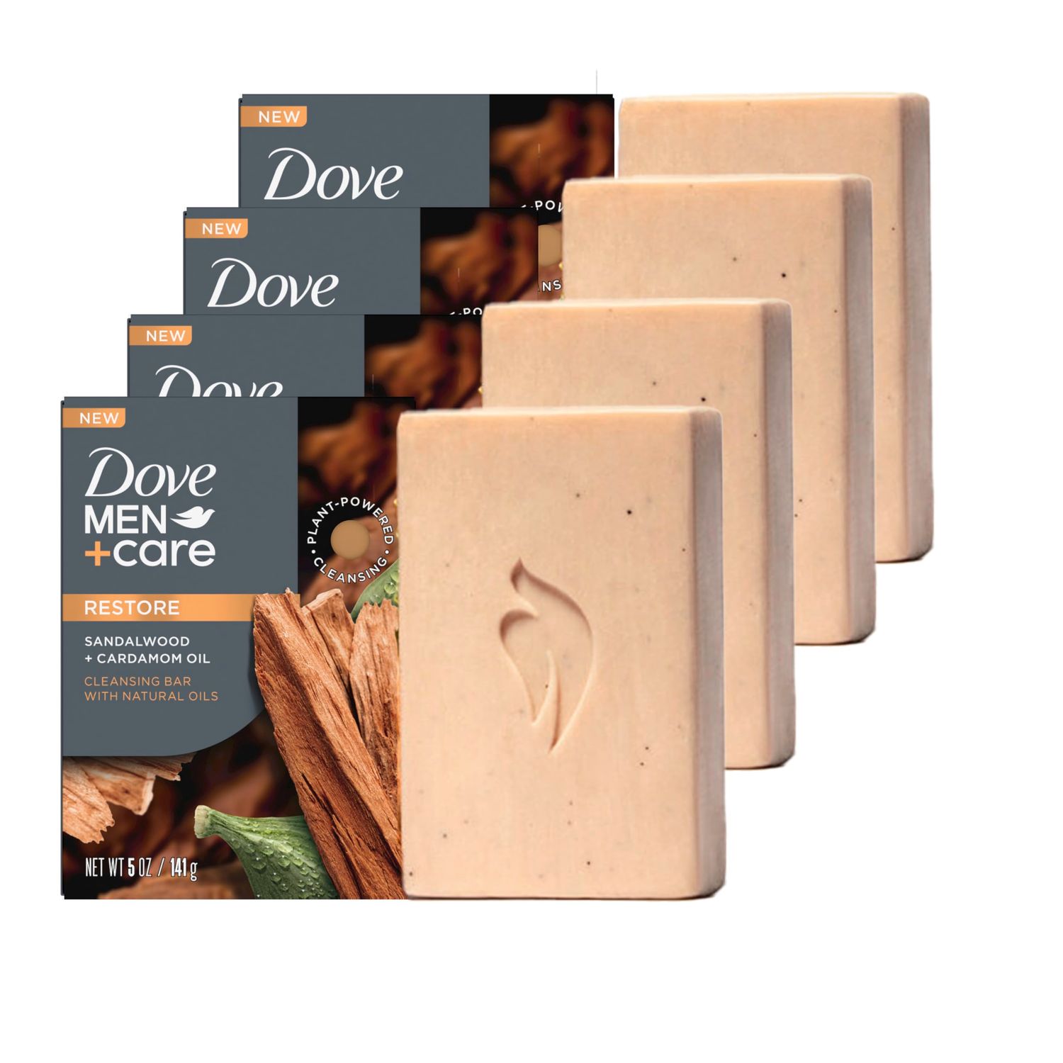 DOVE MEN + CARE Cleansing Bar Soap Sandalwood + Cardamom Oil 4 Bars to Rebuild Skin in the Shower, a 4in1 Hair, Body, Face &amp; Shaving Bar with Plant-Based Cleanser and Natural Oils 5 oz