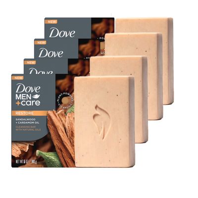 DOVE MEN + CARE Cleansing Bar Soap Sandalwood + Cardamom Oil 4 Bars to Rebuild Skin in the Shower, a 4in1 Hair, Body, Face &amp; Shaving Bar with Plant-Based Cleanser and Natural Oils 5 oz