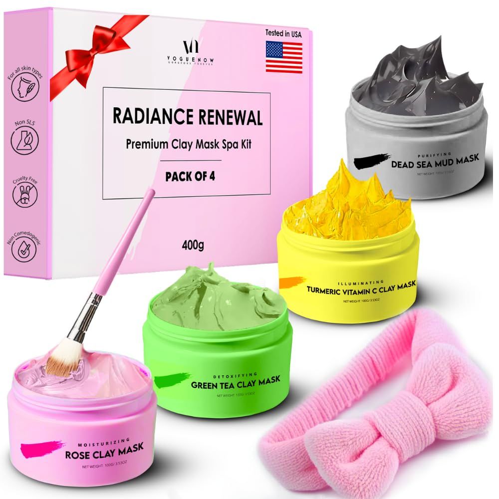 Clay Mask Premium Valentines Gift of 4(400g) With Cute Headband &amp; Brush | Premium Clay Face Mask | Turmeric Vitamin C, Green Tea, Rose, Dead Sea Mud | Valentine Gifts for Women - Galentines Day Gifts