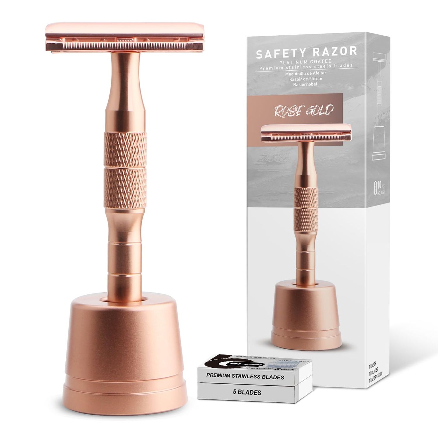 Double Edge Safety Razor With Stand, Single Blade Razors for Men and Women, Reusable Metal Razors, with 10 Platinum Coated Safety Razor Blades, Face Razors for Men Shaving, Sustainable, Rose Gold