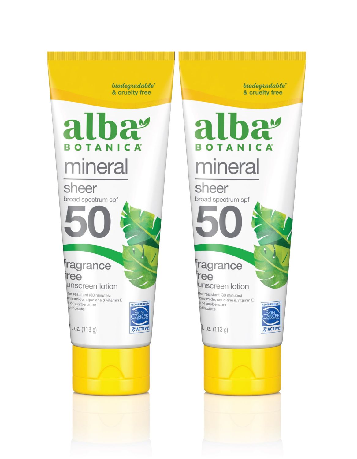 Alba Botanica Mineral Sunscreen Lotion, Broad Spectrum SPF 50 Sunscreen, Water Resistant and Biodegradable, 4 fl. oz. (Pack of 2)