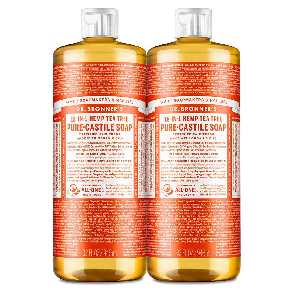 Dr. Bronner&#39;s - Pure-Castile Liquid Soap (Tea Tree, 32 ounce, 2-Pack) - Made with Organic Oils, 18-in-1 Uses: Acne-Prone Skin, Dandruff, Laundry, Pets and Dishes, Concentrated, Vegan