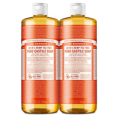 Dr. Bronner&#39;s - Pure-Castile Liquid Soap (Tea Tree, 32 ounce, 2-Pack) - Made with Organic Oils, 18-in-1 Uses: Acne-Prone Skin, Dandruff, Laundry, Pets and Dishes, Concentrated, Vegan