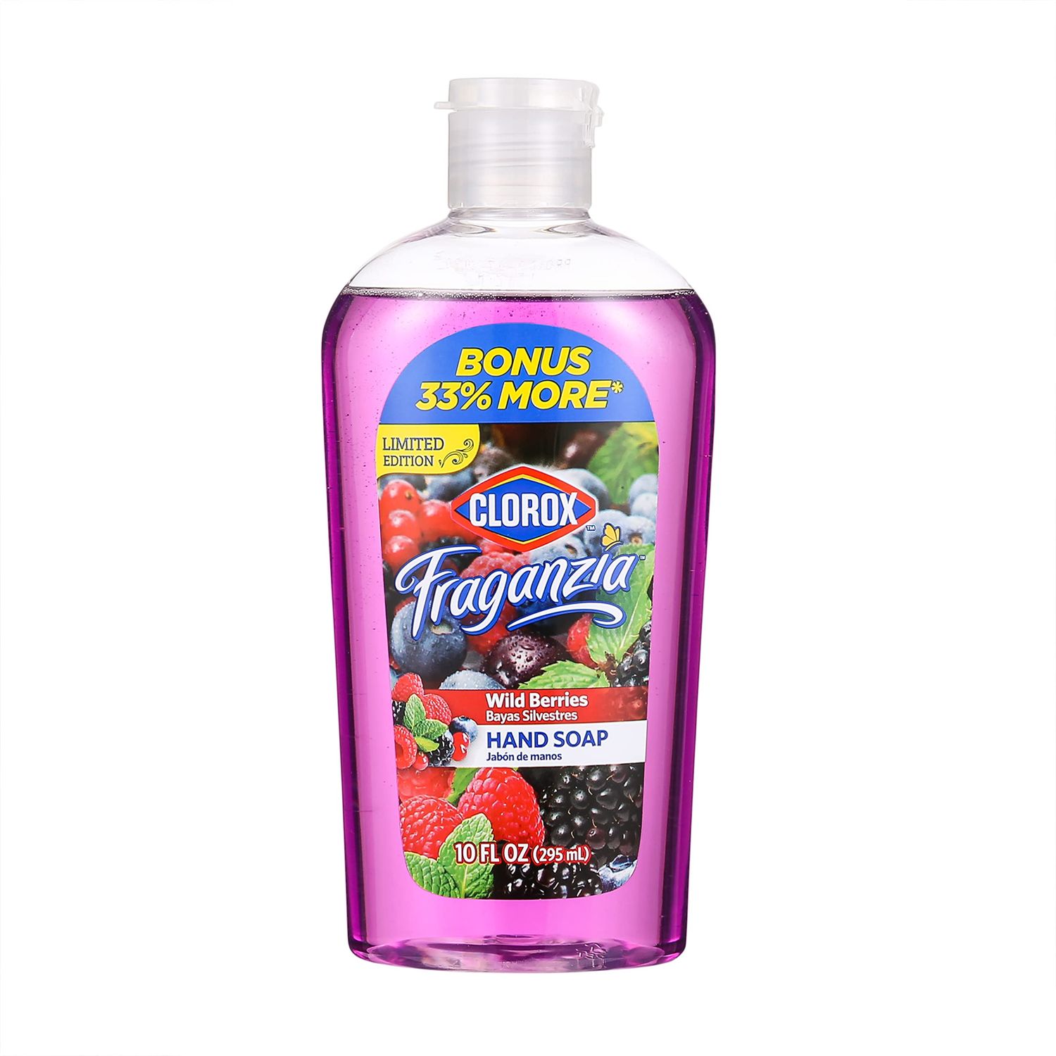Clorox Fraganzia Flip Cap Liquid Hand Soap Wild Berries Scent Bonus Size, Soft on Hands Tough on Dirt, 10 Oz