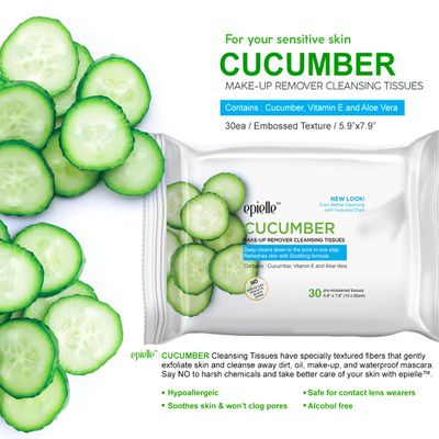 Epielle New Makeup Remover Cleansing Wipes Tissue - Cucumber 30 Count 6 Pack | Gentle for all Skin Types | Daily Facial Cleansing Towelettes | Removes Dirt, Oil, Makeup (Cucumber)