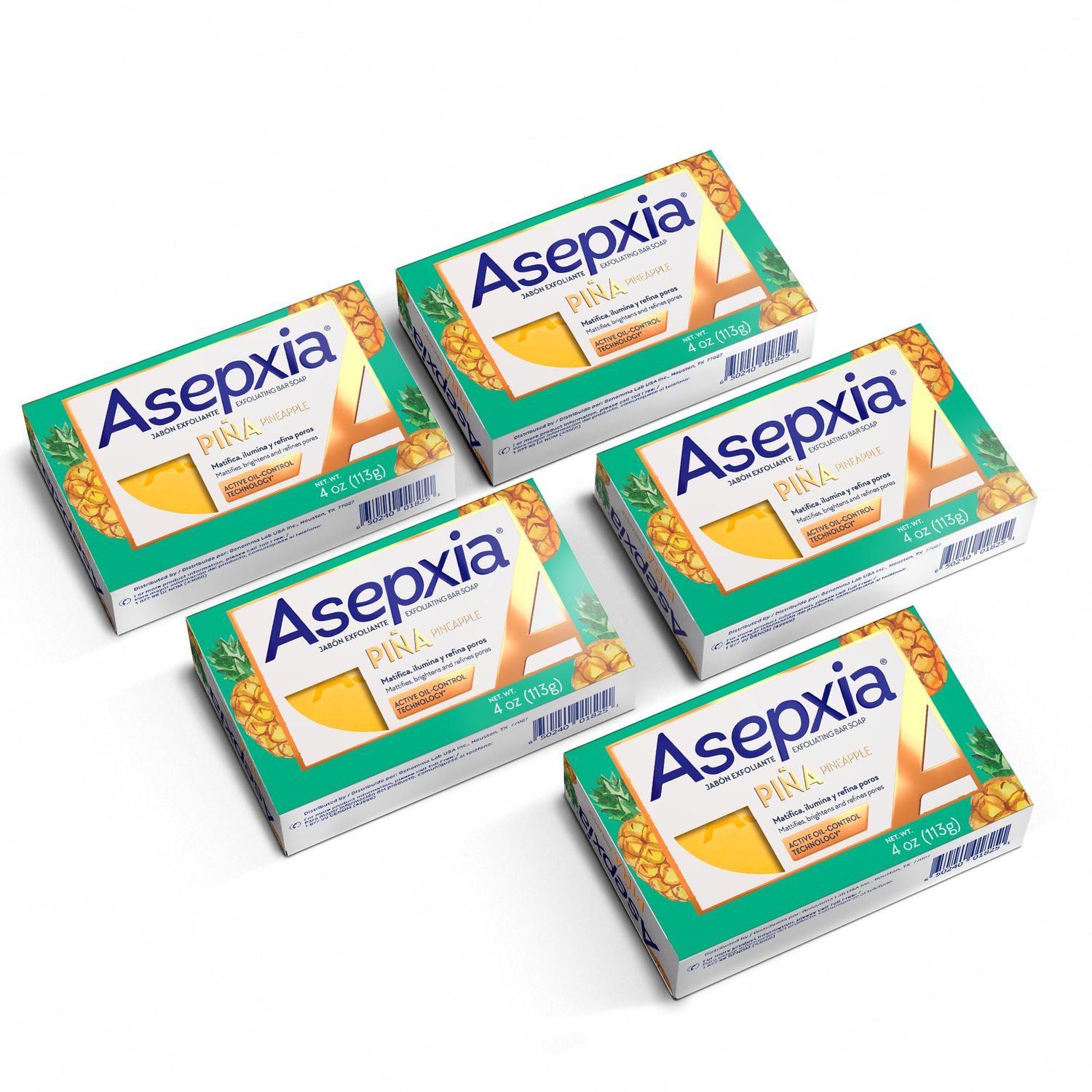 Asepxia Bar Soap, Non-Abrasive Exfoliating Facial Cleanser with Natural Pineapple Enzyme &amp; Agave Extract, Pore Purifying &amp; Brightening Face Wash for Oily Skin, 4 oz. - 5 Pack