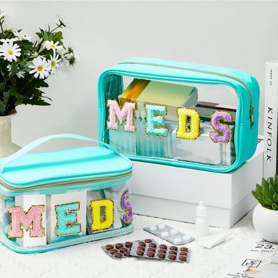 Geetery 2 Pcs Clear Preppy Makeup Bags Chenille Letter Patch Pouch Skin Care Bag with Zipper Clear Pouch Chenille Letter Bag Travel Toiletry Storage Bag for Women(Classic,Green)