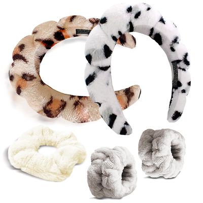 ApaLux Headband and Wristband Set for Face Washing, Skincare Headband Makeup Hair Headband Bubble Headband Spa Washband and Scrunchie, Leopard Headband for Women