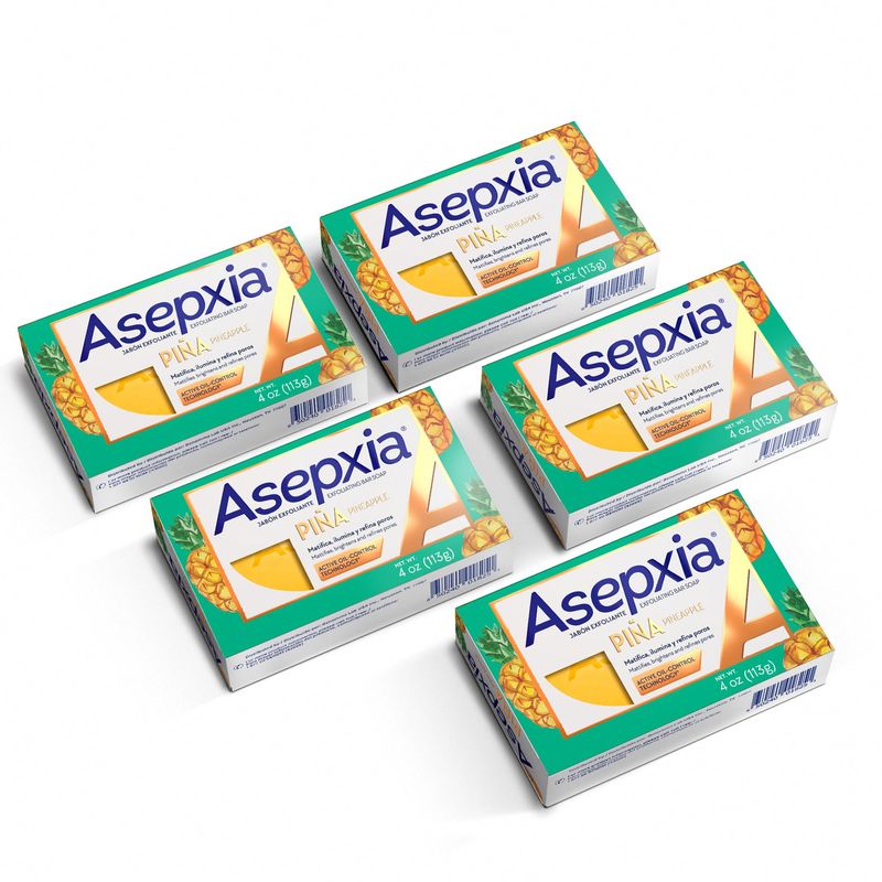 Asepxia Bar Soap, Non-Abrasive Exfoliating Facial Cleanser with Natural Pineapple Enzyme &amp; Agave Extract, Pore Purifying &amp; Brightening Face Wash for Oily Skin, 4 oz. - 5 Pack