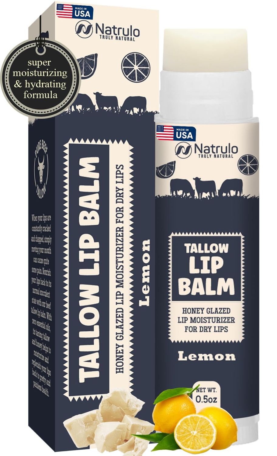 Beef Tallow Lip Balm - Natural Tallow Beeswax Chapstick - Hydrating Moisturizer Grass Fed Bison Tallow Balm Lip Care - Soothes Chapped, Dry Lips, Sensitive Skin - Long Lasting &amp; Vitamin Rich USA-Made