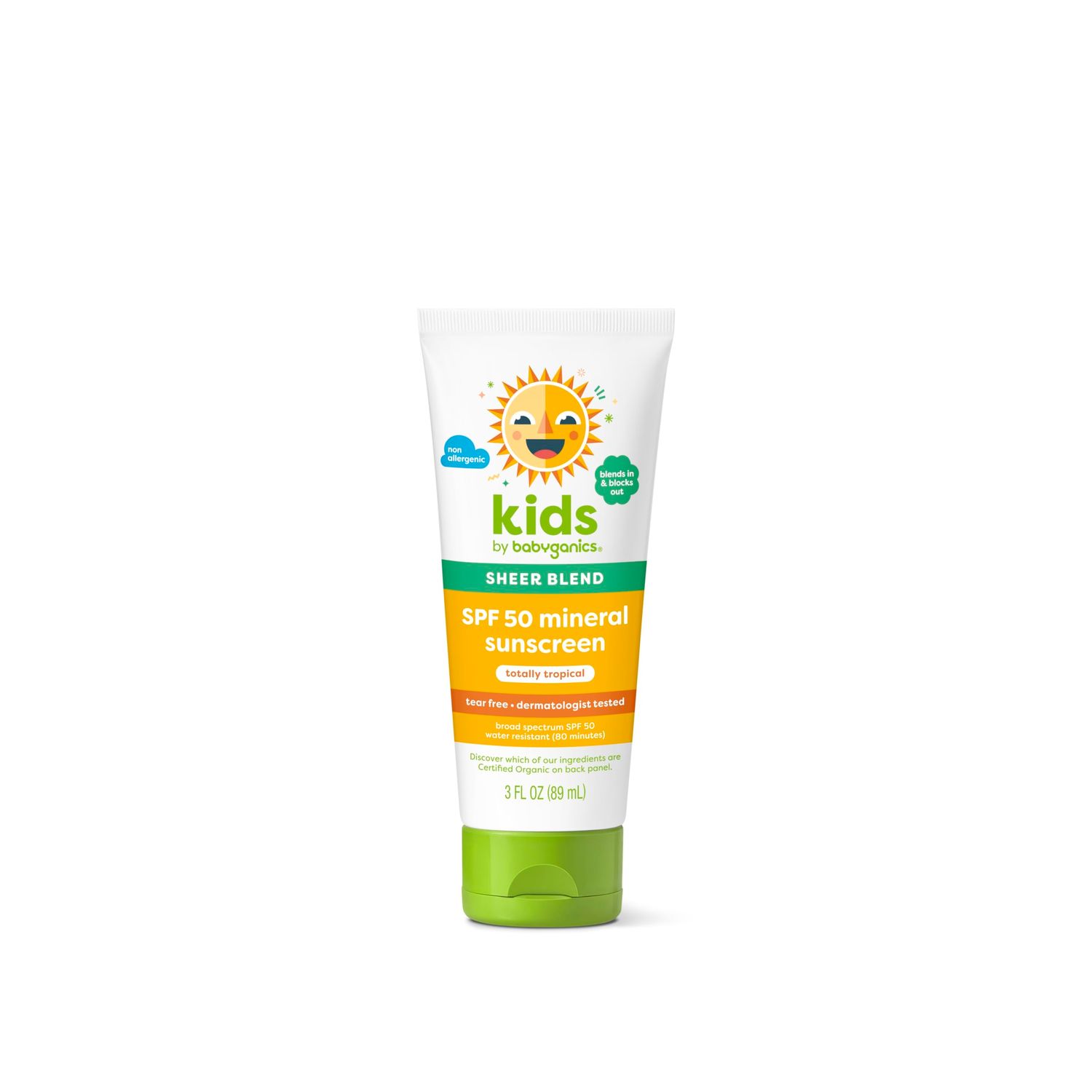 Babyganics SPF 50 Mineral Sunscreen Lotion, Sheer Blend, UVA UVB Protection, Octinoxate &amp; Oxybenzone Free, Water Resistant, Totally Tropical, 3 oz