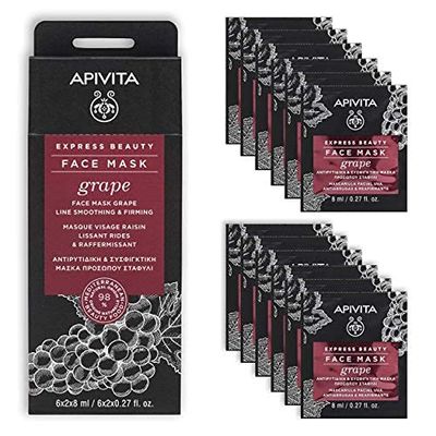 Apivita Express Beauty Face Mask with Grape &amp; Vitamin E &amp; A - Fine Lines Smoothing, Firming, Moisturizing &amp; Regenerating Care for All Skin Types - 12 Packettes x 0.27 Fl Oz