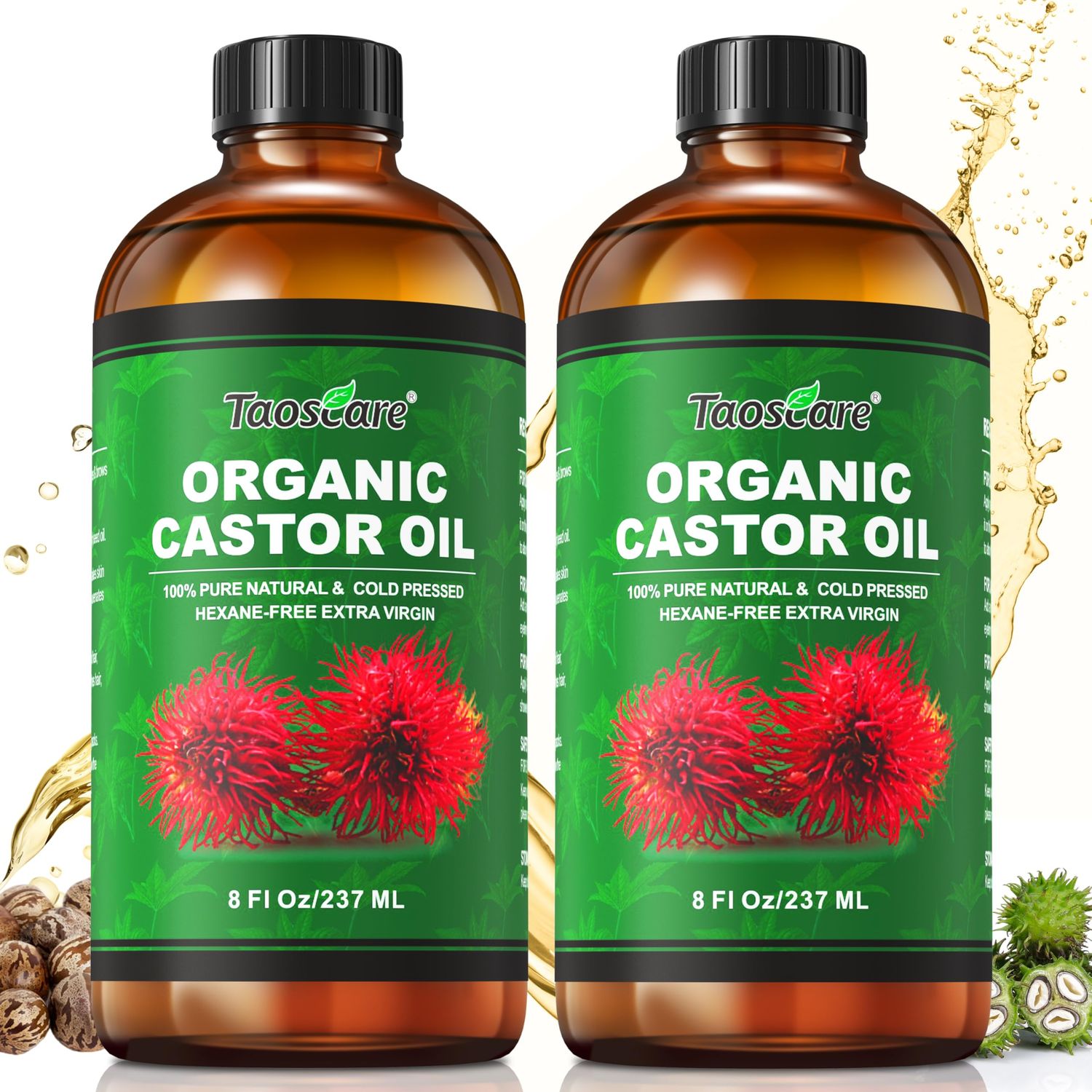 2 Pack Castor Oil Organic Cold Pressed Unrefined Glass Bottle with 2 Pumps - Pure &amp; Hexane-Free for Hair Growth, Skin Care, Lashes, Brows, Body Nourishment - Ideal for Caster Oils Pack Wrap