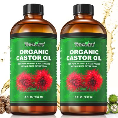 2 Pack Castor Oil Organic Cold Pressed Unrefined Glass Bottle with 2 Pumps - Pure &amp; Hexane-Free for Hair Growth, Skin Care, Lashes, Brows, Body Nourishment - Ideal for Caster Oils Pack Wrap