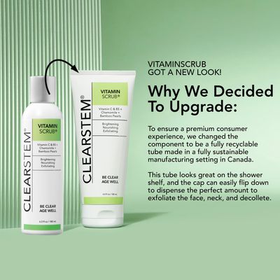 CLEARSTEM - VITAMINSCRUB - Antioxidant-Infused Scrub Cleanser - Exfoliating Face Wash + Body Scrub - Vitamin C, Hemp, Bamboo - Skin Care Products - Vegan, Gluten Free, Cruelty Free - 6 fl oz / 177ml
