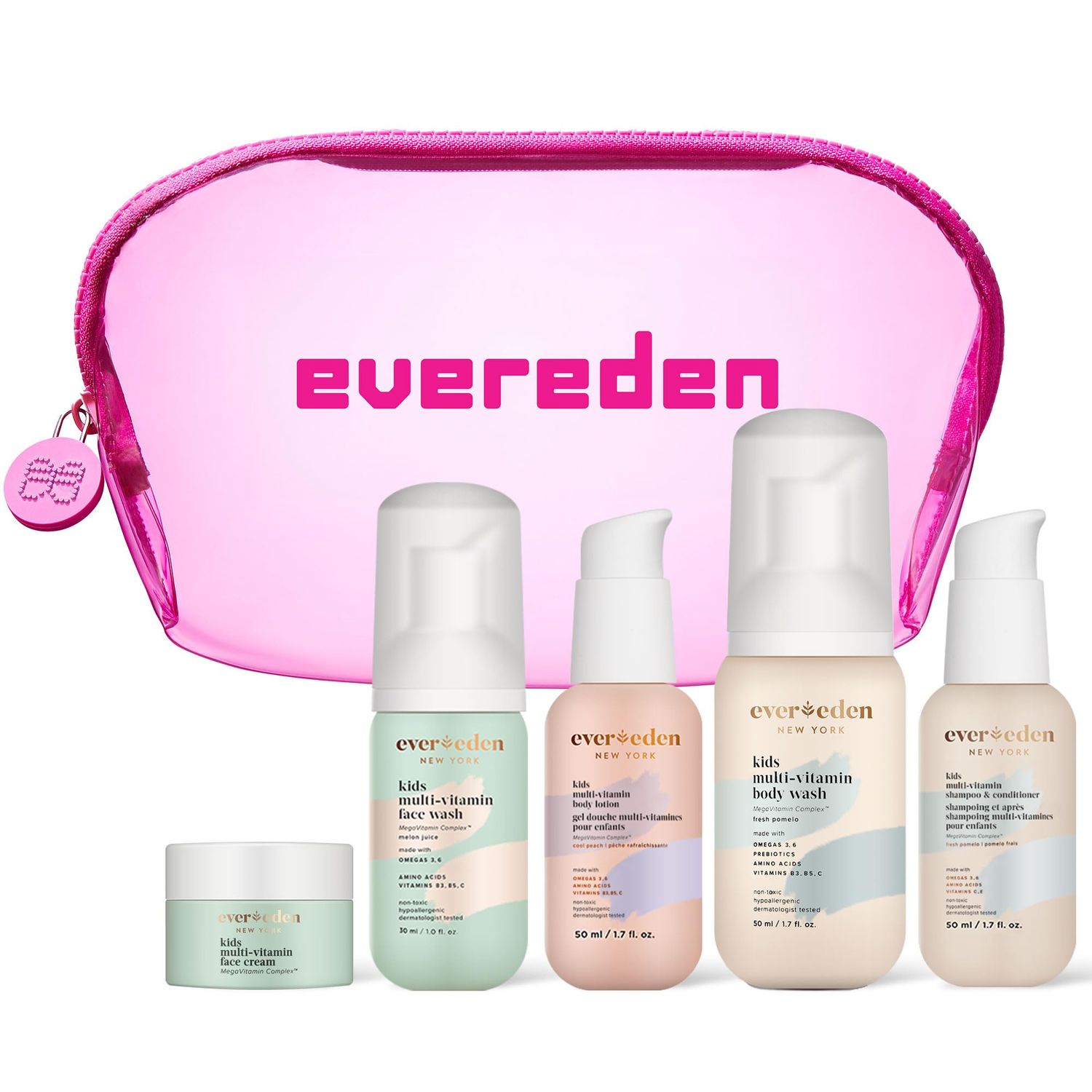 Evereden Kids Travel Set: Clean &amp; Vegan 5-Piece Skin Care Set for Kids | Multi-Vitamin Kids Skin Care Set w/t Body Wash, Lotion, Face Wash, Cream, Shampoo &amp; Conditioner | TSA approved