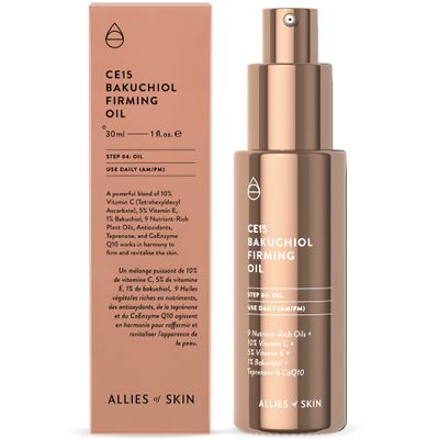 Allies of Skin CE15 Bakuchiol Firming Oil: Firming Facial Oil with 10% Vitamin C, 5% Vitamin E, 1% Bakuchiol Retinol, 3% Renovage. 30 ml/ 1 oz