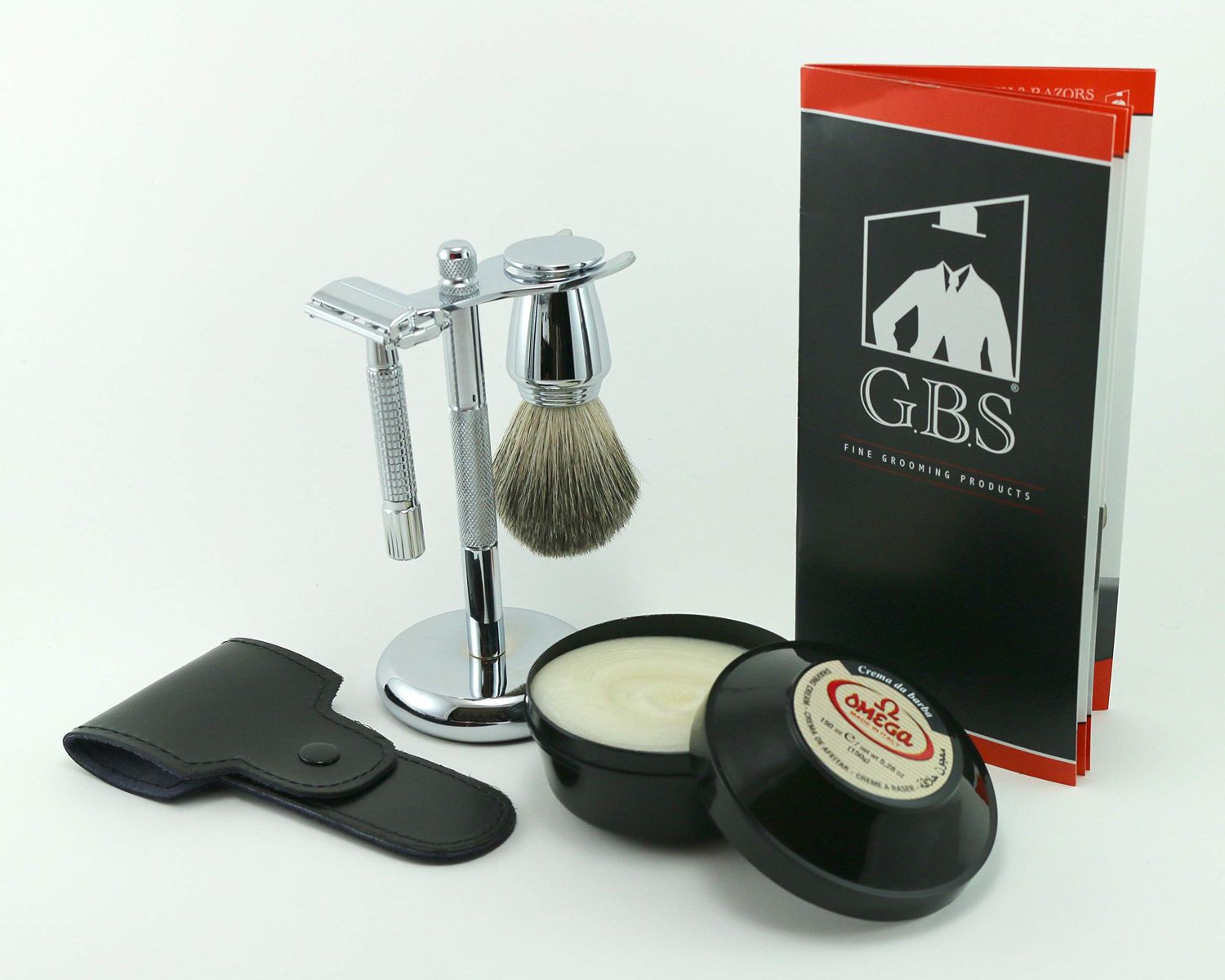 G.B.S Men&#39;s Wet Shaving Holiday Kit, Classy Butterfly Non-slip Knurled DE Safety Razor with Case, Omega Cream, Blades, Shaving Brush and Razor Stand
